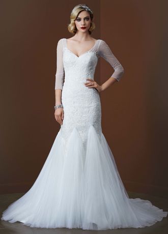 3/4 Sleeve Lace Trumpet Gown with Godet Skirt