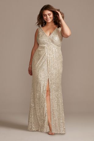 Allover Sequin Pleated V-Neck Gown with Slit