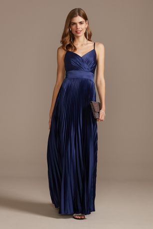 Accordion Pleated Satin Spaghetti Strap Gown