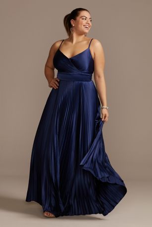 Accordion Pleated Satin Spaghetti Strap Gown