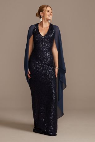 Allover Sequin Gown with Attached Chiffon Capelet