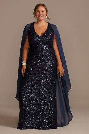 Allover Sequin Gown with Attached Chiffon Capelet