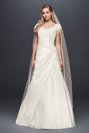 Appliqued Gathered Satin A-Line Wedding Dress