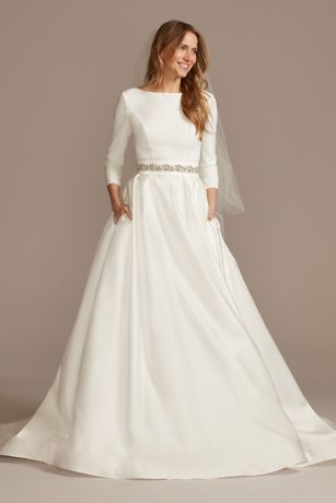 3/4 Sleeve Low Back Satin Plus Size Wedding Dress