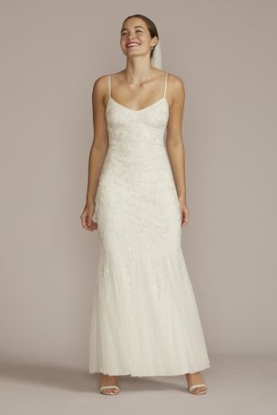 Allover Floral Beaded Godet Sheath Wedding Dress