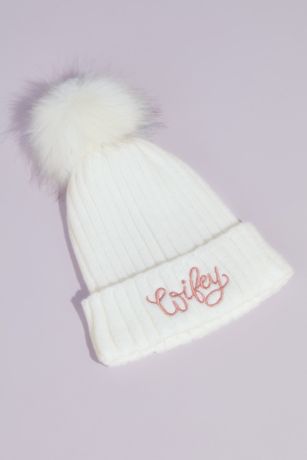 Wifey Embroidered Beanie Cap with Faux Fur Pom Pom