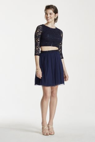 3/4 Sleeve Sequin Crop Top with Short Mesh Skirt