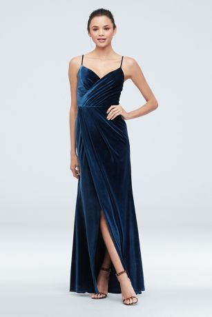 Velvet Faux Wrap Spaghetti Strap Gown with Slit