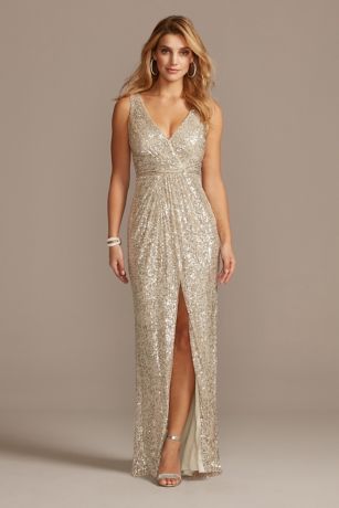 Allover Sequin Pleated V-Neck Gown with Slit