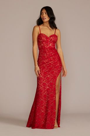 Allover Lace Corset Sheath with Side Slit