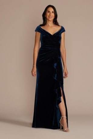 Velvet Off-the-Shoulder Sheath with Ruffle