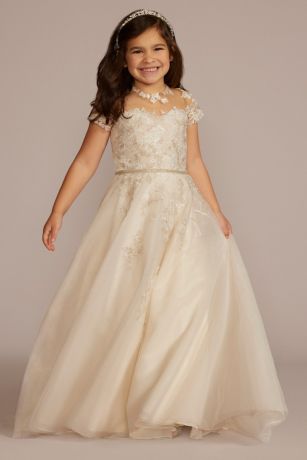 Appliqued Cap Sleeve Lace-Up Flower Girl Dress