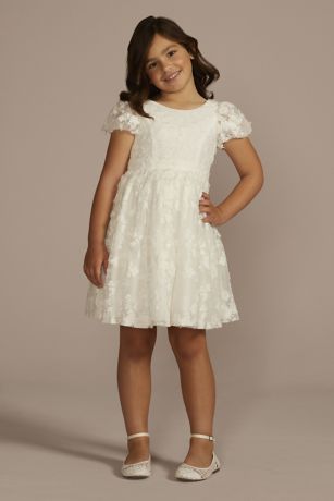 3D Floral Puff Sleeve Flower Girl Dress