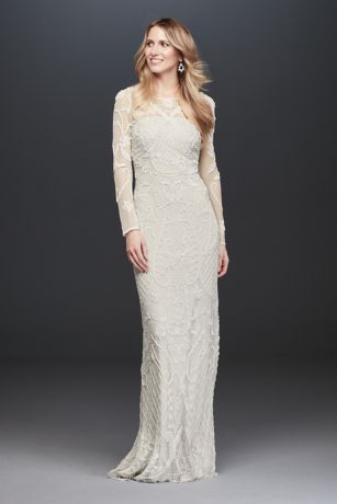 Allover Scroll Beaded Illusion Long Sleeve Gown