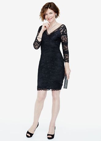 3/4 Sleeve Beaded Stretch Lace Dress