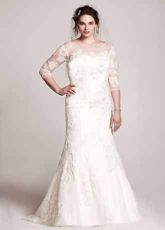 As Is Oleg Cassini 3/4-Sleeve Lace Wedding Dress