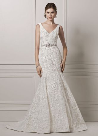 All Over Lace Trumpet Gown with Deep V Neckline