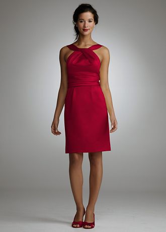 Y Neck Slim Satin Dress with Ruched Waistband