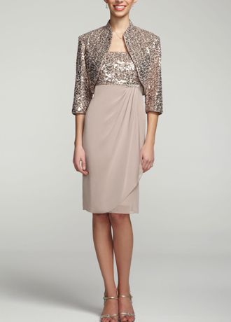 3/4 Sleeve Sequin Jacket Dress with Brooch Detail