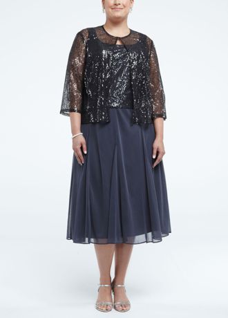 3/4 Illusion Sleeve Tea Length Sequin Dress